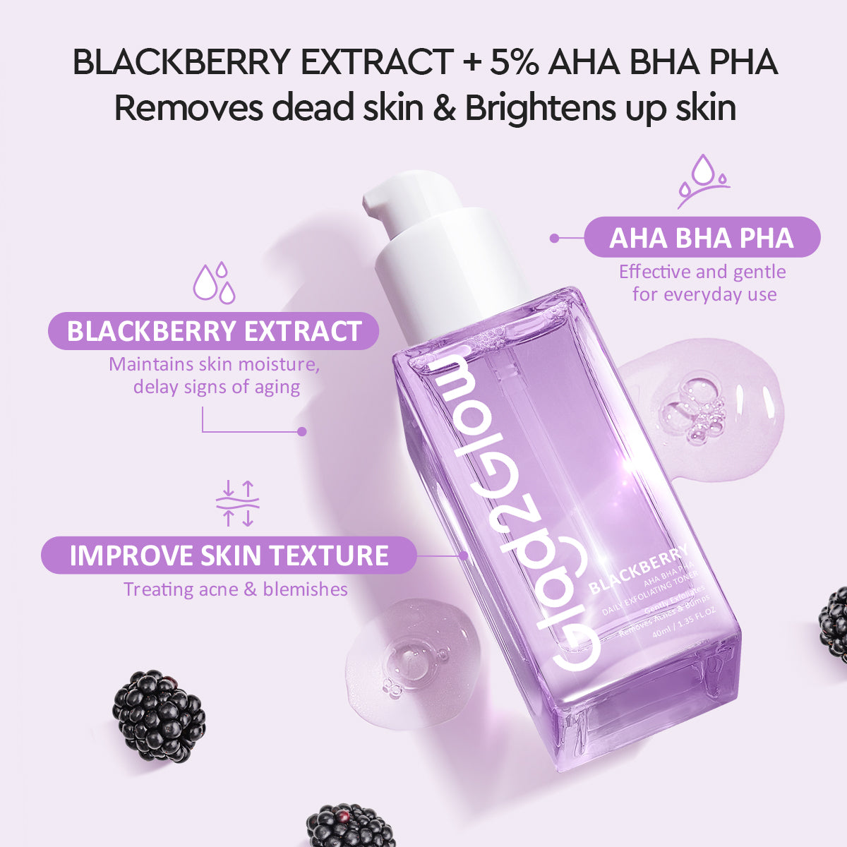 Glad2Glow Blackberry AHA BHA PHA Daily Exfoliating Toner