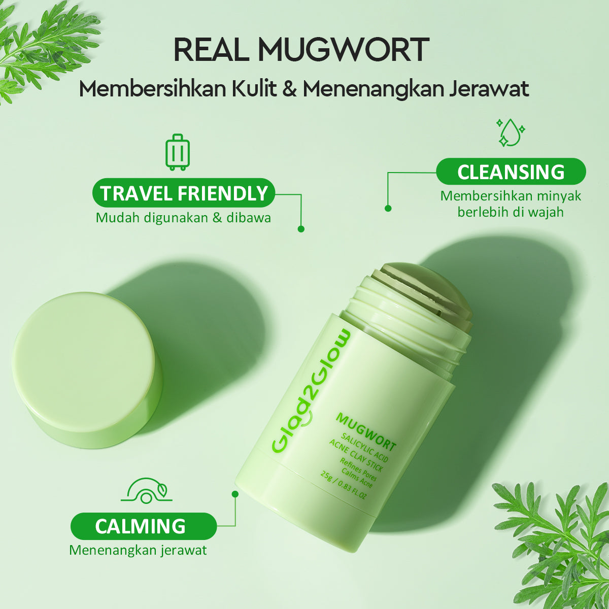 Glad2Glow Mugwort Clay Mask Masker Wajah Face Cleansing Green Mask Stick