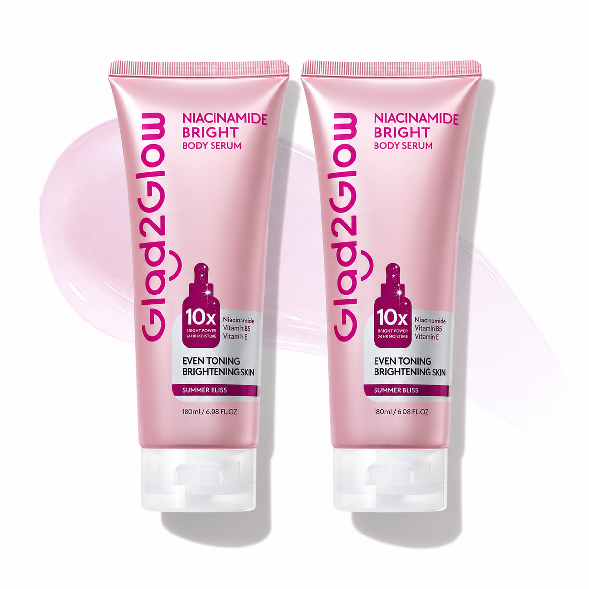 Two Glad2Glow Niacinamide Bright Body Serum tubes, 180 ml each